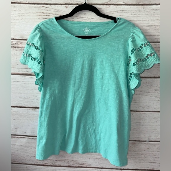 St. John’s Bay Petite Large Eyelet Sleeve Tee 100% Cotton Mint Green Lightweight - Picture 1 of 5
